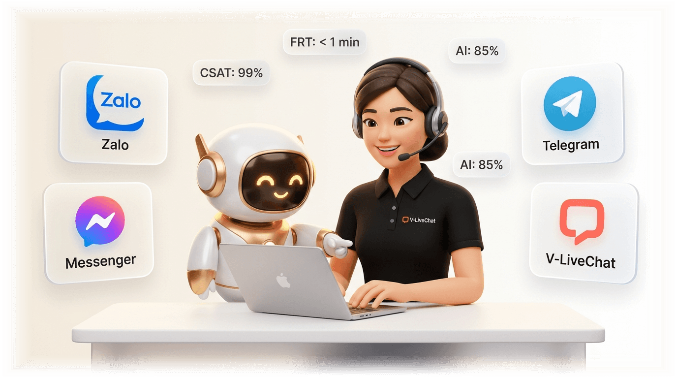 V-Livechat — Đội ngũ CSKH chuyên nghiệp kết hợp Trợ lý AI Đa kênh